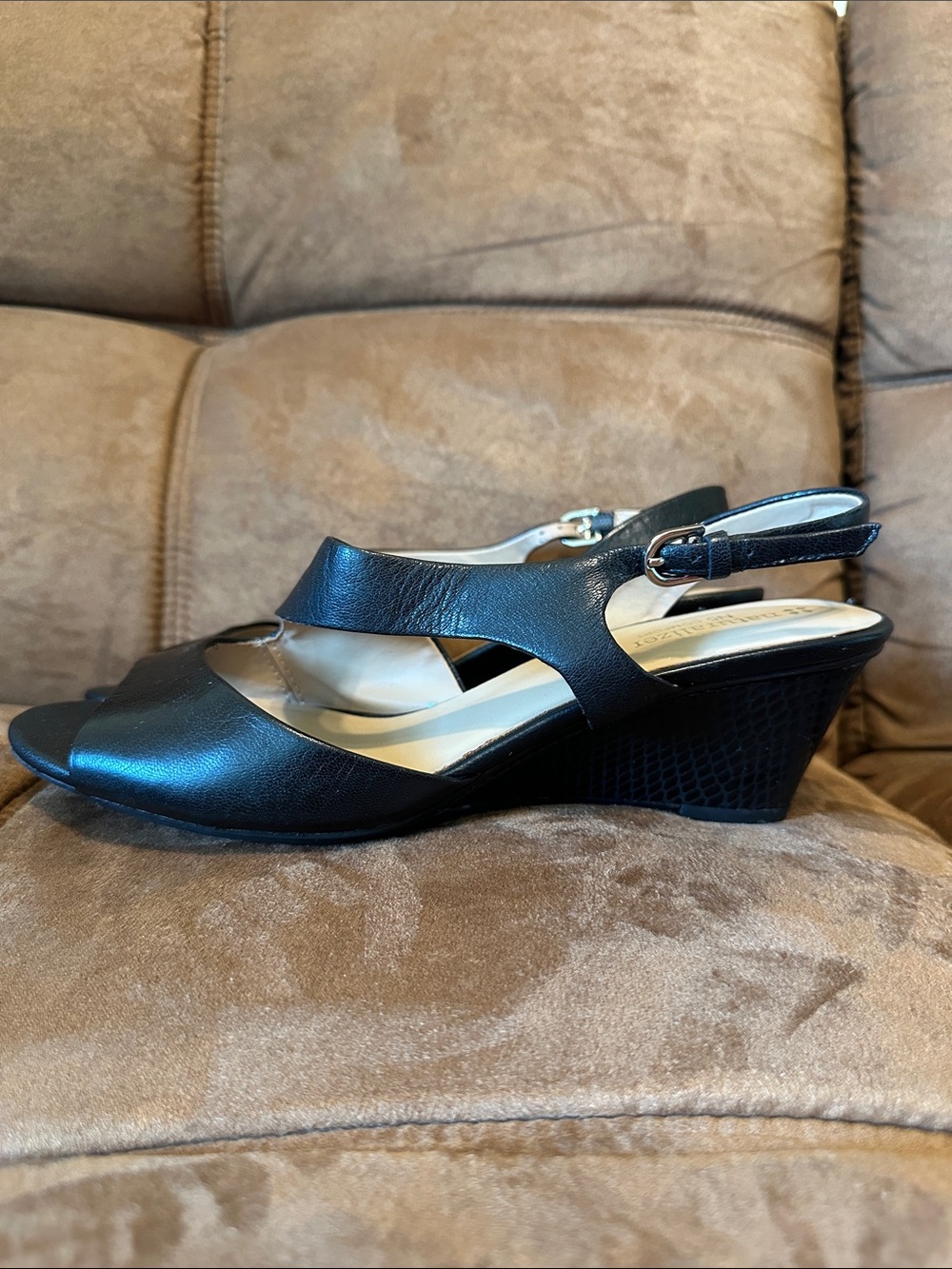 Women's Black Leather Slingback Wedge Sandals